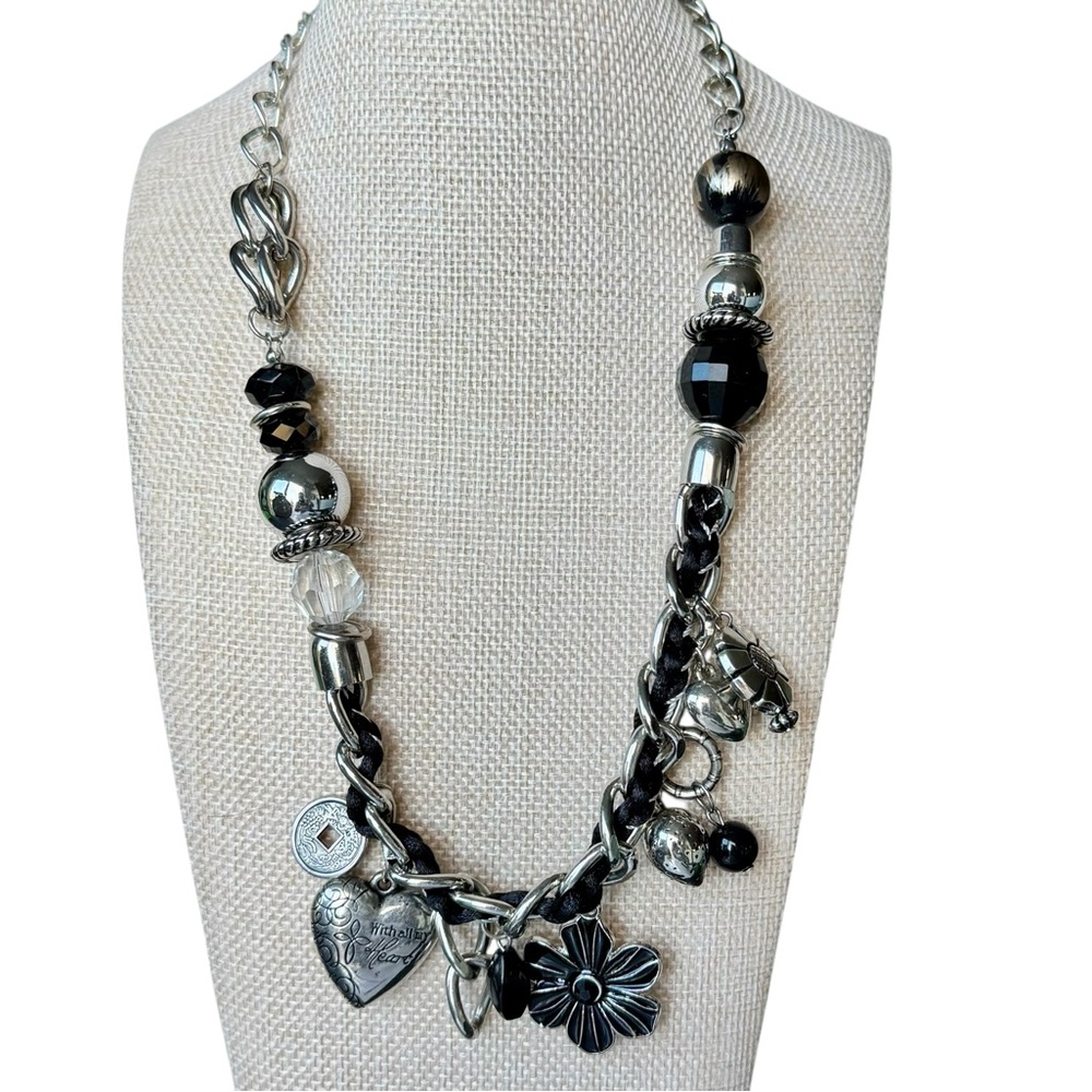 Black Silver Charm Necklace  Heart Flower Coin Accents Braided Cord Chunky Chain